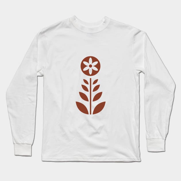 Scandinavian Retro Flowers Umber Brown on Beige Long Sleeve T-Shirt by Pinkdeer